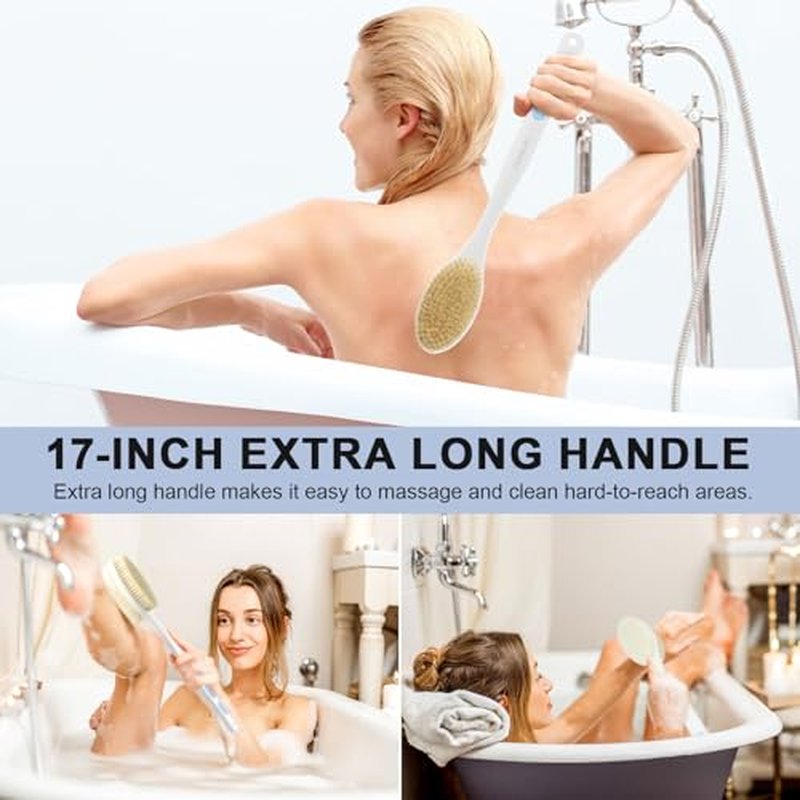 Back Scrubber for Shower with Long Handle, Exfoliating Bath Brush for Body - Double Sided Bristles (Stiff & Soft), Anti-Slip Grip, Lightweight - Gift for Seniors, Includes Lanyard & Hook, Blue