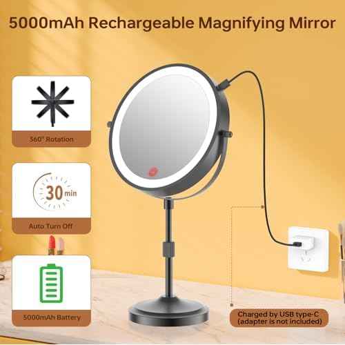 9" Magnifying Mirror with Lights 20X, Height Adjustable Lighted Makeup Mirror with Magnification, 5000mAh Rechargeable Battery, Dimmable, 3 Lighting Colors, Black