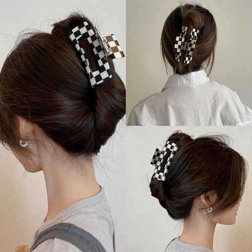 Checkered Rectangle Hair Claw Clips, Large Acrylic Multicolored Square Checker Barrettes for Thin Thick Hair Cute Non Slip Hair Jaw Clips Strong Hold Rectangle Claw Clamps for Women Ladies (4 Pack)