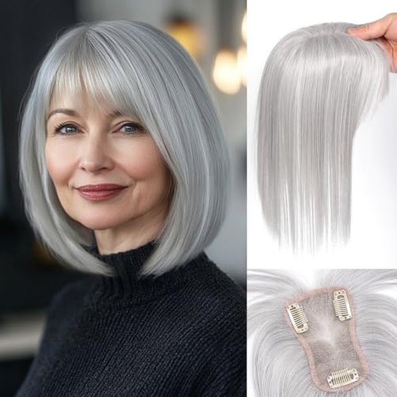 Real Human Hair Topper 12 Inch Human Hair Toppers for Thinning Hair Hand-woven area 3.2"x4.3" Swiss Base Natural Hair piece Wiglet for Women Daily Natural (#Light Gray with bangs)