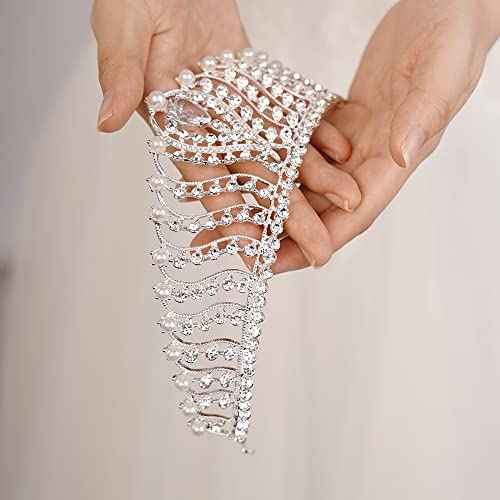 JWICOS Silver Pearl Crown for Women Queen Crown and Tiara for Women Crystal Rhinestone Princess Tiaras Crowns Wedding Hair Accessories for Bride Birthday Party Prom