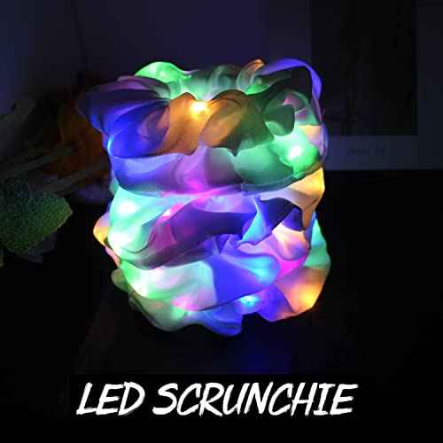 12PCS LED Hair Scrunchies Light Up White Scrunchies,Satin Ponytail Holder Glow in the Dark Hair Accessories Neon Rave Party Supplies
