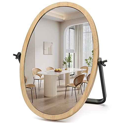 Geloo Vanity Makeup Table Mirror - Desk Mirrors 360 Adjustable Rotation,Wood Framed Small Standing Mirror for Bedroom,Tabletop,Office,Antique,Dresser,Countertop 11.8'' x 7.8''