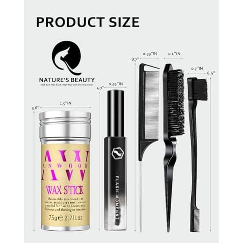 5Pcs Set: Hair Wax Stick, Hair Finishing Stick, Slick Back Hair Brush - Smooths Flyaways, Tames Frizz, Sleek Ponytails Buns - Taming Wand for Women Style Edges - Styling Accessories for Girls & Kids