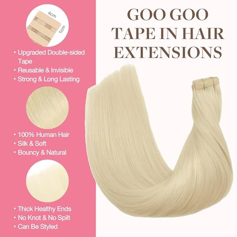 GOO GOO Tape in Hair Extensions Human Hair, 60A Platinum Blonde, 24inch 50g 20pcs, Skin Weft Seamless Invisible, Silky Straight with Thick Ends, Remy Human Hair