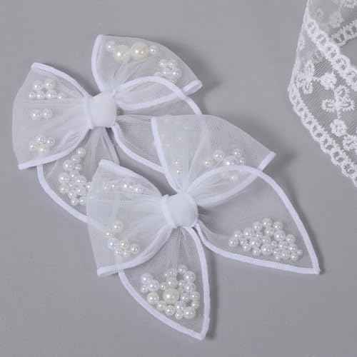 White Pearl Fable Hair Bow Clips for Flower Girls Wedding 4" Mesh Tulle Ribbon Shaker Bow Alligator Hairpins Toddlers Kids Pageant 1st Communion Party Dress Decor Accessory Gift