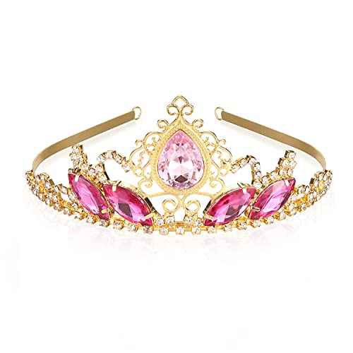 Pink Rhinestone Princess Tiaras Fairy Bridal Headpiece Birthday Halloween Gold Crown for Teen Girl