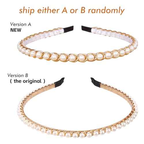 YARN & INK Women's Pearls Headbands Fashion Beaded Metal Headband, Vintage Hair Accessories Non Slip for Women Girls Christmas Gift (Pearls Line)
