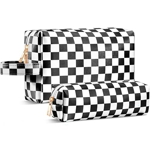 2Pcs Makeup Bag for Women, Large Checkered Cosmetic Bags with Small Makeup Brushes Bag Set, Cute Leather Make Up Orgnizer with Zipper, Travel Skincare Toiletry Storage Bag for Teens Girls Gifts(Black)