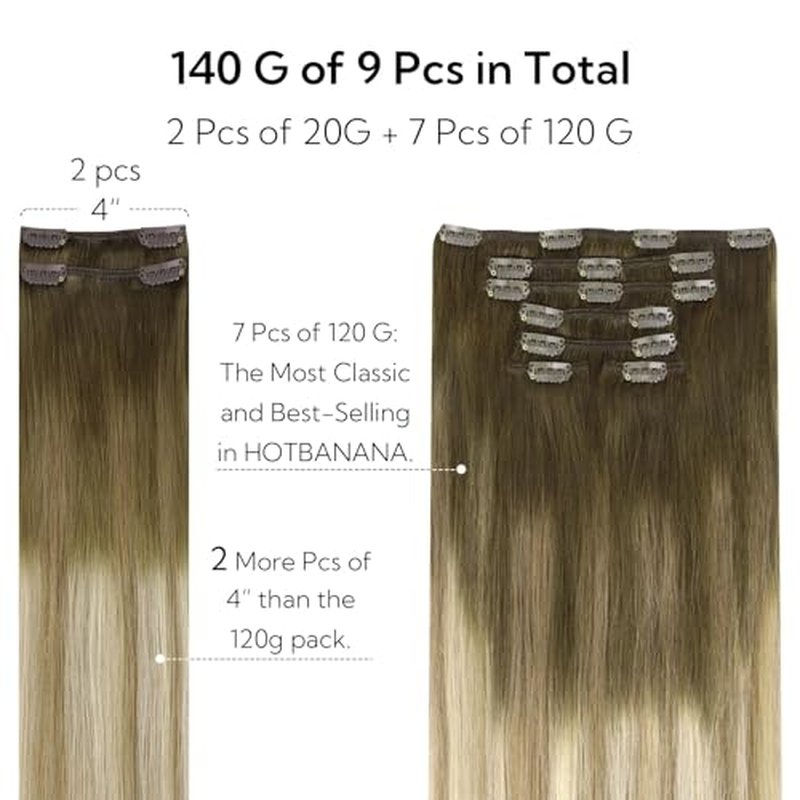 HOTBANANA Clip in Hair Extensions Real Human Hair, 150g 9pcs 20 inch Walnut Brown to Ash Brown and Bleach Blonde Straight Remy Clip in Extensions Full Head for Women