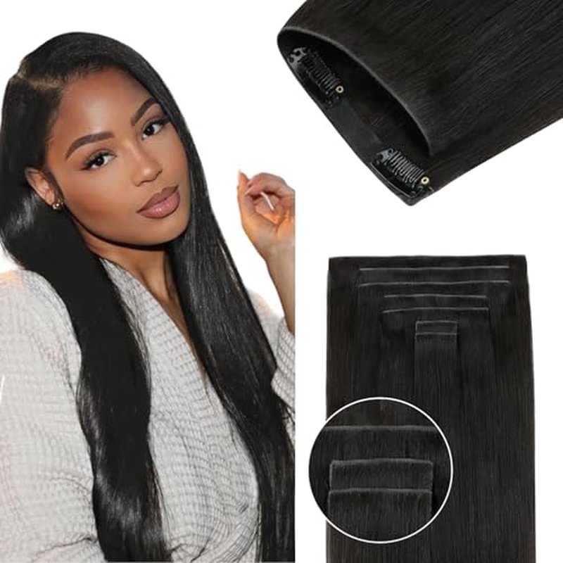 Lashey Invisi Edge Clip in Hair Extensions 16 Inch 110g 7pcs Injected Seamless PU Clip in Hair Extensions Virgin Human Hair, Natural Black Yaki Straight Hair