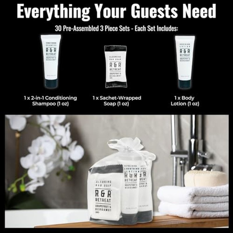 R&R Retreat Hotel Toiletry Sets - 30 Pre-Assembled 3-Piece Guest Amenities in Organza Bags - 2-in-1 Conditioning Shampoo, Body Lotion & Sachet-Wrapped Soap - Grapefruit & Bergamot Scent