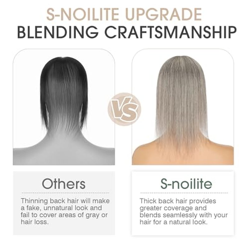 S-noilite Hair Toppers for Women Real Human Hair, 100% Real Human Hair Toppers for Women for Thin Hair 2.25"*6" Lace Silk Base 12 inch (Mixed Dark Gray)