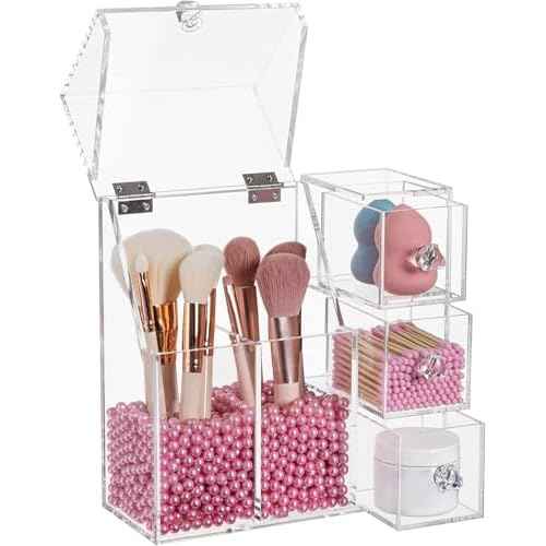 HBlife Makeup Brush Holder, Acrylic Makeup Organizer with 2 Brush Holders and 3 Drawers Dustproof Box, Free Pink Pearl Included