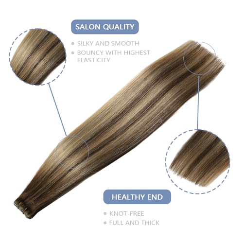 COOKAYU Injected Tape in Hair Extensions Human Hair,Medium Brown to Caramel Blonde Invisible Human Hair Tape in Extensions Seamless 20pcs 30g 14Inch