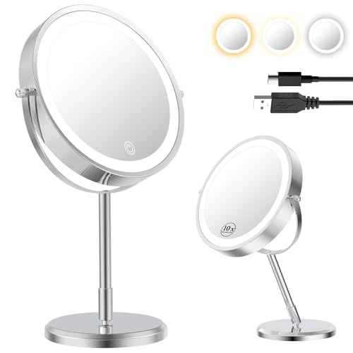 7¡± Magnifying Mirror with Lights,1X/10X Double Sided Lighted Makeup Mirror with Magnification, Rechargeable Battery, Dimmable, 3 Lighting Colors, Chrome