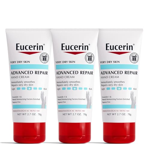 Eucerin Advanced Repair Hand Cream, Immediately Soothes and Repairs Very Dry Skin, Fragrance Free, Non Greasy, Fast Absorbing, Travel Size Hand Lotion, 2.7 Oz Tube, Pack of 3