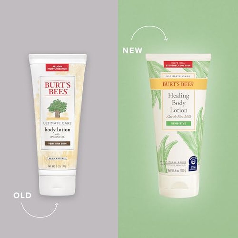 Burt's Bees Ultimate Care Healing Body Lotion with Aloe and Rice Milk for Sensitive Skin, 98.8% Natural Origin, 6 Ounces