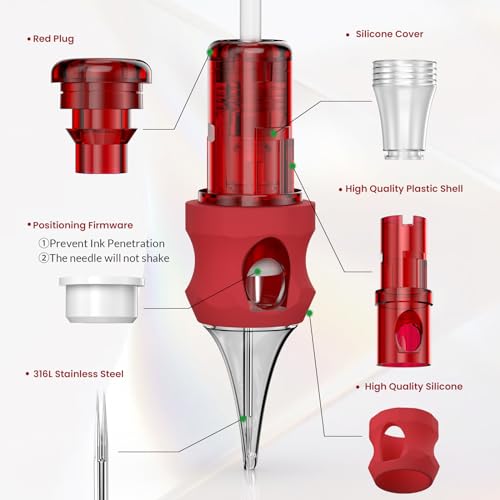 Wormhole Tattoo Cartridge Needles, 50pcs Mixed Sizes Disposable Finger Ledge Tattoo Needles #10 Standard 3RL 5RL 7RL 9RL 11RL Round Liner for Tattoo Machine Tattoo Gun Tattoo Supplies