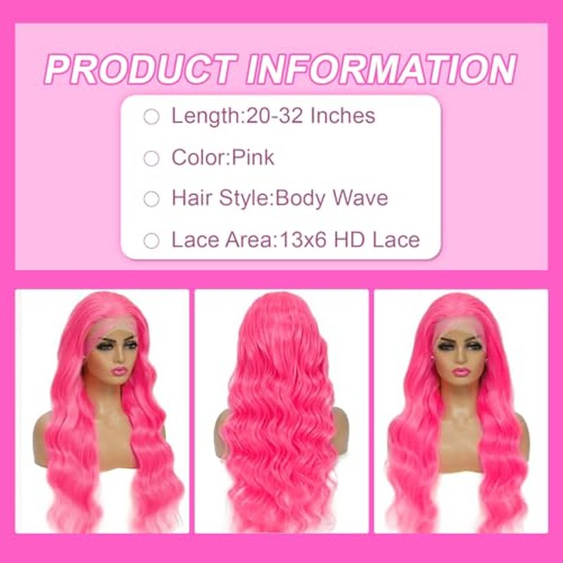 Pink Lace Front Wig Human Hair 13x6 Body Wave HD Lace Front Wigs Human Hair Pre Plucked 200 Density Pink Colored Glueless Wigs for Women with Baby Hair 22 Inch