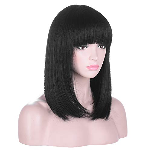 15 Inch Short Straight Black Bob Wig with Bangs | Natural Heat Resistant Synthetic Hair for Women