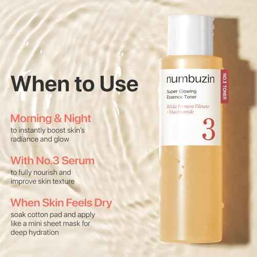 numbuzin No.3 Toner | Super Glowing Essence Toner | Skin Radiance, Pore Tightening, Skin Texture, Hydration | Fermented Ingredients, Niacinamide, Galactomyces | 6.76 fl. oz.