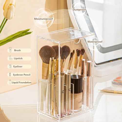 Makeup Brush Holder, Clear Make Up Brush Holder Organizer with 17 Slots, Tilt Open Large Makeup Brush Holde with Lid, Acrylic Makeup Organizer for Vanity Decor Office Home