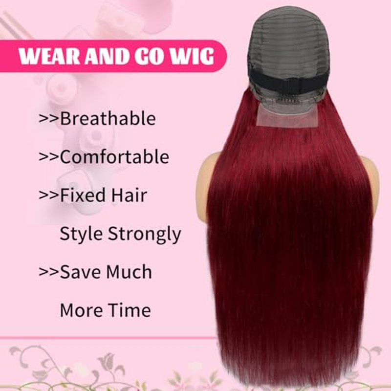 LICHANG 99J Straight Lace Front Wigs Human Hair Red Colored Wig Pre Plucked with Baby Hair for Black Women, 13x6 Burgundy Lace Frontal Wig Brazilian Virgin Human Hair Glueless 24 Inch