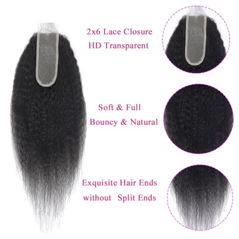 Kinky Straight Bundles with 2x6 Closure (16 18 20+14) 100% Unprocessed Yaki Straight 3 Bundles with Lace Closure Sew in Natural Color for Black Women