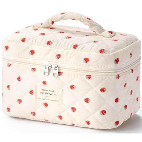 HBselect Quilted Makeup Bag, Portable Cotton Large Travel Makeup Bag, Cute Coquette Strawberries Floral Cosmetic Bags Toiletry Bags for Women Teen Girls Mom