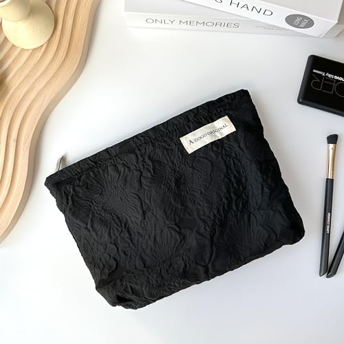 Makeup Bag Cosmetic bag Preppy Embroidery Canvas Toiletry Bag for women Cute zipper pouch Organizer Travel accessories (Pure Black Embossing, Large)