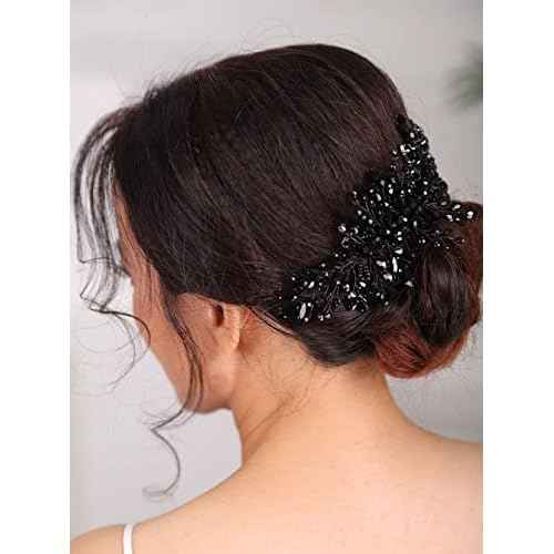 Teyglen Women Dainty Black Rhinestones Crystal Bride Wedding Hair Comb Headband Luxurious Hair Accessories Shiny Black Rhinestones Crystals Bridal Side Hair Combs for Women Bride Girls