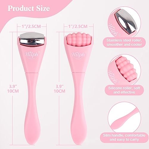 Hilph 2 Pack Mini Ice Roller for Face & Eyes, Portable Eye Roller Set with Stainless Steel and Silicone Head for Puffiness, Puffy Eyes, Facial Massage Tool, Self Care Gifts for Women, Pink