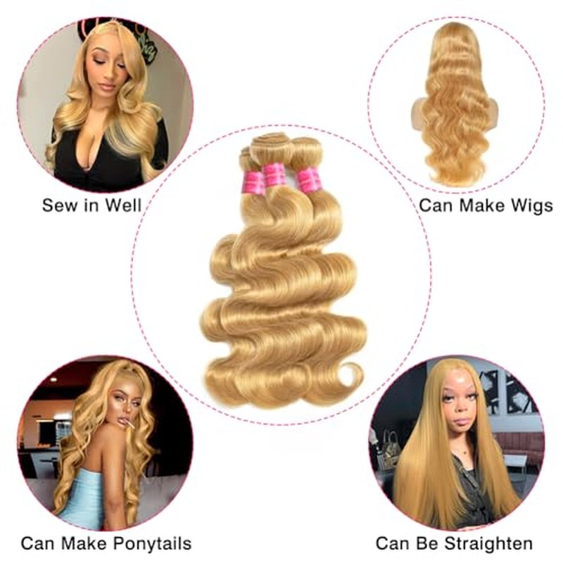 Aopusi Honey Blonde Human Hair Bundles #27 Colored Body Wave Brazilian Remy Human Hair Weft Blonde Hair 3 Bundles Blonde Body Wave Bundles(18 20 22 Inch)