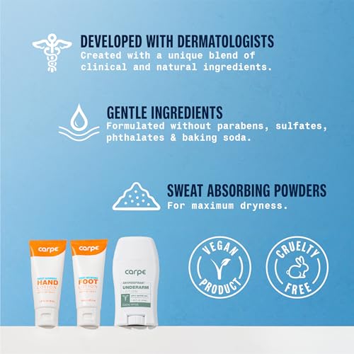Carpe Sweat Absorbing Underarm, Hand & Foot Lotion Bundle, Head to Toe Sweat Protection for Hands, Feet, and Underarm, Dermatologist Recommended