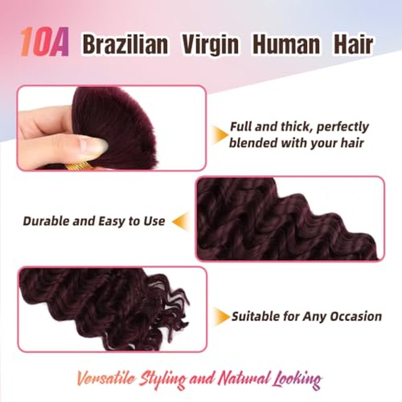 Human Braiding Hair, 3 Bundle 150g 18 Inch Boho Braids Human Hair 10A Deep Wave Bulk Brazilian Virgin No Weft Wavy Hair Extension for Boho Knotless Bohemian Micro Braid Bulk for Braiding 99J