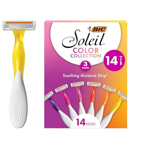 BIC Soleil 3 Colors Women's Disposable with 3 Blade Razors, Aloe Vera and Vitamin E Lubricating Strip for Enhanced Glide, 14-Pack, Stocking Stuffers for Women