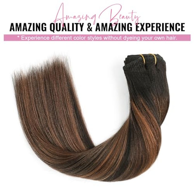 ABH AMAZINGBEAUTY HAIR Yaki Clip in Hair Extensions Human Hair Rooted Black Piano Natural Black #1B With Medium Auburn #30 Two Tone Yaki Straight Clip ins for Black Women 20 Inch Full Head 120G 7Pcs