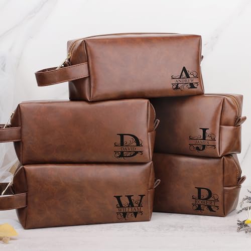 Mens Toiletry Travel Bag Initial M, Personalized Leather Toiletry Bag for Men, Anniversary Christmas Valentines Fathers Day Birthday Gifts for Husband Dad Grandpa Brother