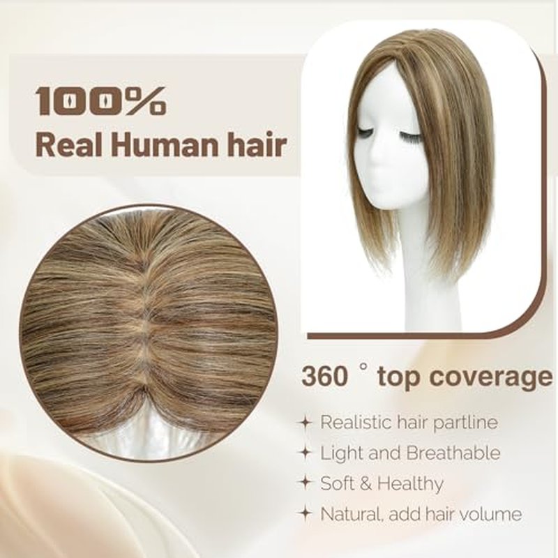Hair Toppers with Thinning Hair 100% Real Human Topper for Women 12 inch Medium Brown Mix blonde Hairpieces for Women 120% Density top toppers Hairpieces for Thinninghair#427