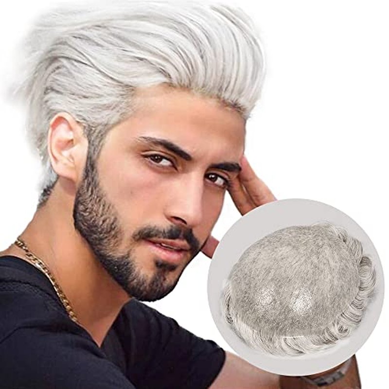 Amiable Toupee for Men, Hairpieces Mens Wig Human Hair Replacement System 0.04mm PU Thin Skin Black Male Hair Units mens toupee huaman hair (vloop0.04-0.06mm, #59)