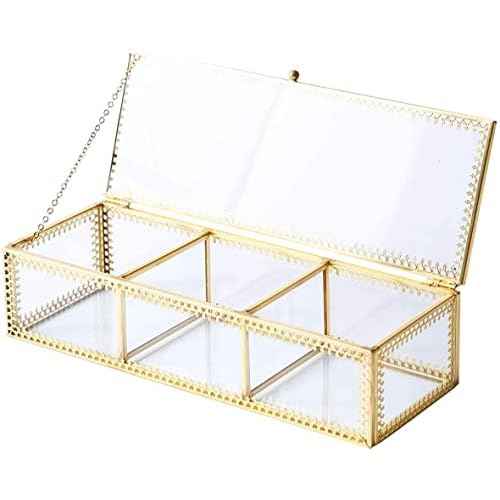 3 Compartment Golden Vintage Glass Jewelry Box, Lidded Clear Glass & Brass Metal Organizer Storage for Cosmetic Makeup, Beauty Display with Decorative Lace