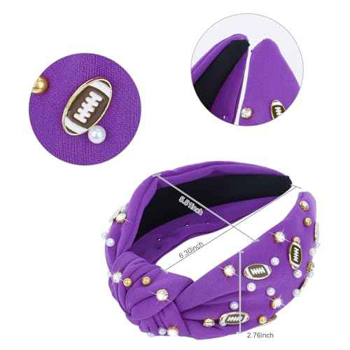 YARIEW Football Headband for Women Pearl Rhinestone Jeweled Knotted Headband Fashion Headband Wide Game Day Sports Hair Accessories Gift for Football Mom Fans Christmas (Purple)