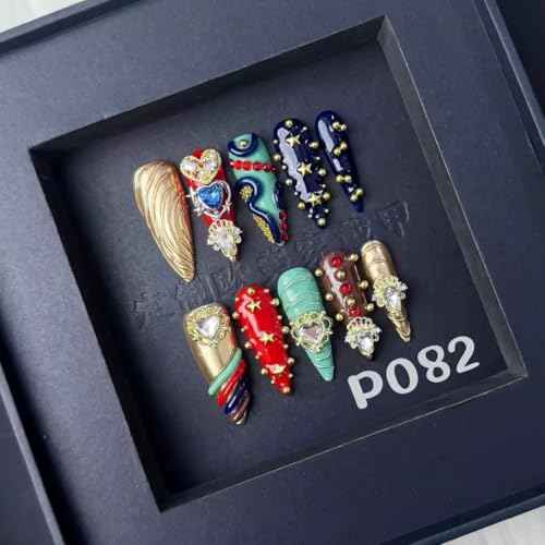 100% 5D Handmade Press on Nails with Heart Charms Long Stiletto Nails Press ons Gorgeous False Nails Rhinestones Press on Nails Handmade Nails for Women Girls Daily Wear DIY Manicure Size L