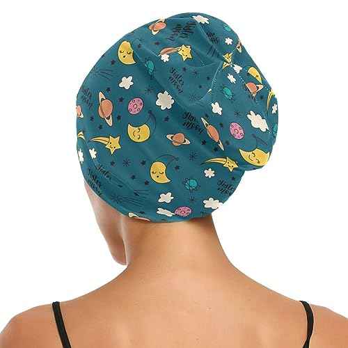 Satin Bonnet Hair Wrap for Sleeping - Lined Sleep Cap for Curly Hair Women & Men - Moon Cloud Dark Green