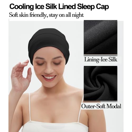 Sleep Cap Bonnet for Sleeping Black Women, Adjustable Cooling Ice Silk Lined Bonnet for Curly Braids Hair Cover Beanie Hat