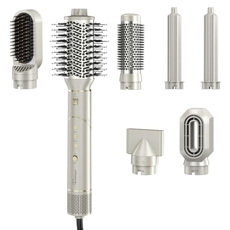 Sunwhisper Hair Dryer Brush 7 in 1 Professional Hot Air Styler, 110,000 RPM High Speed Negative Ionic Dryer, Straightener Comb & 2 Auto Wrap Curlers, 2 Concentrator, Oval & Round Styling Brush