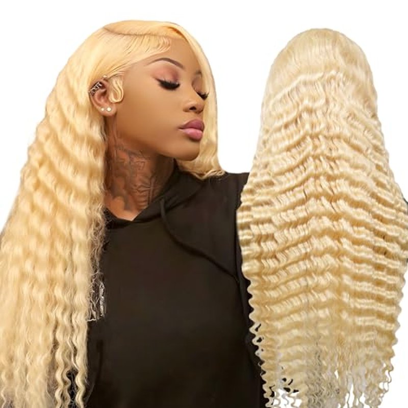 613 Lace Front Wig Human Hair 613 Blonde Deep Wave 13x6 HD Transparent Lace Front Wig Human Hair Pre Plucked Blonde Wig Human Hair with Baby Hair 180% Density for Women(20inches 613 13x6 Wig)