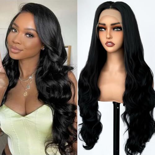 SOKU 13x6 Lace Front Wigs Synthetic 28 Inch Body Wave Wigs with Baby Hair Free Part Lace Frontal Wigs Pre Plucked Natural Black Wave Lace Front Wigs for Women Girls High Temperature Fiber
