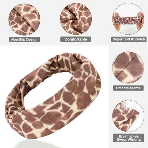 Cobahom 6Pcs Wide Headbands for Women Non Slip Soft Fabric Hair Wrap Boho Head Bands Elastic Sport Hair Bands for Workout Yoga Running (Animal Pattern)